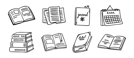 Books set open and closed colorful books and stacks line art outline, monochrome hand drawn.