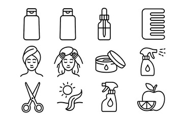 Haircare Tips Icons. Outline icon set of haircare tips infographic: shampoo bottle, conditioner bottle, hair