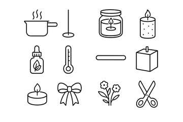 DIY Candle Icon Set. Outline icon set of DIY candle-making night: wax pot, wick, jar candle, pillar candle,