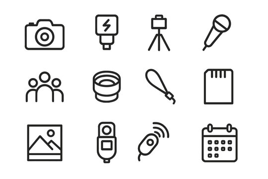 Event Photography Icons. Outline icon set of event photography: camera, flash, tripod, microphone, crowd, lens