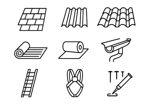 Roofing Material Icons. Outline icon set of roofing materials: shingles, metal sheets, tiles, insulation,