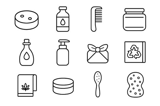 Eco Haircare Icons Set. Outline icon set of eco-friendly haircare: solid shampoo bar, refill bottle, bamboo