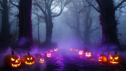 A path through a misty, Halloween-themed forest, lined with glowing jack-o'-lanterns