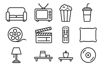 Retro Movie Night Icons. Outline icon set of retro film night: couch, vintage TV, popcorn bucket, soda cup,