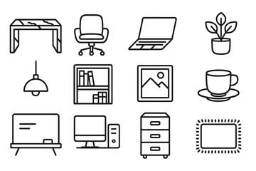 Office Icon Set. Outline icon set of high-end office interiors: marble desk, designer chair, laptop, potted