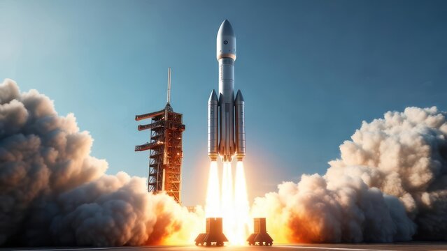 A powerful rocket launches into space, plumes of fire and smoke billowing