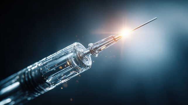 Close up of a syringe with a glowing needle tip against a dark background