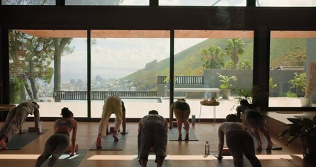 Back, people and stretching with instructor for yoga, holistic fitness and spiritual balance in class. Timelapse, group and namaste pose for meditation, mindfulness and instructions of wellness hobby - Powered by Adobe