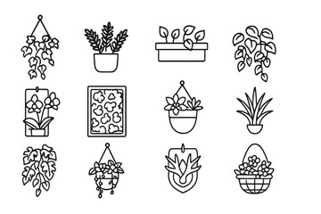 Vertical Plant Display Icons. Outline icon set of vertical plant displays: hanging ivy, potted ferns, wall