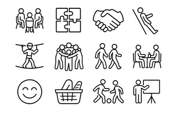 Team-Building Icon Set. Outline icon set of team-building for wellness: group activity, puzzle pieces,