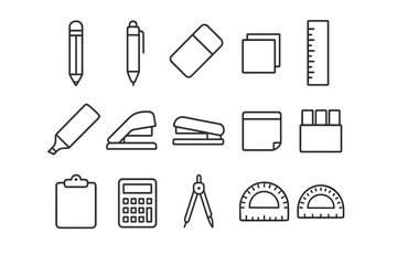 Exam Stationery Icons. Outline icon set of exam preparation stationery: HB pencil, ballpoint pen, eraser,