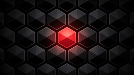 Glowing Red Hexagon Amid Dark Geometric Honeycomb Pattern