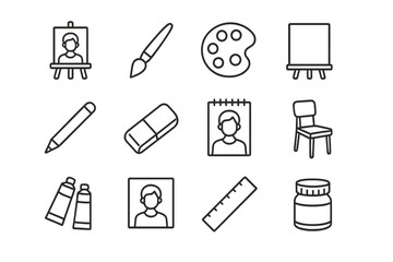 Art Tools Icons. Outline icon set of commissioned portrait artworks: easel, paintbrush, palette, canvas,