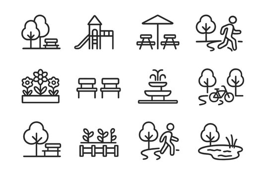 Urban Green Space Icons. Outline icon set of urban green spaces: public park, playground, picnic tables,