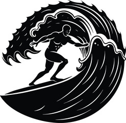 Silhouette of a surfer and horse vector illustration