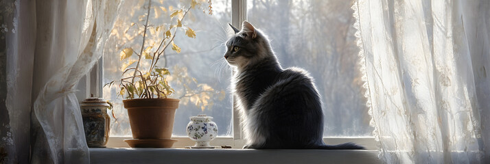 Elegance and Serenity: A Ct's Contemplative Morning y the Window