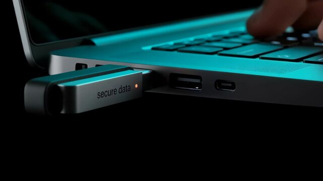 Secure USB drive inserted into computer, showcasing cybersecurity and data protection. Secure USB drive is essential for storing confidential information and protecting against threats,