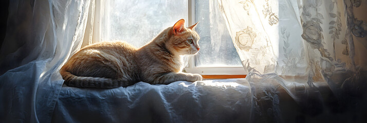 Elegance and Serenity: A Ct's Contemplative Morning y the Window