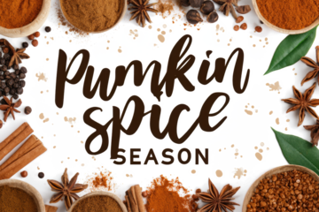 Pumpkin spice season typography surrounded by spices like cinnamon star anise and coffee beans perfect for autumn-themed designs