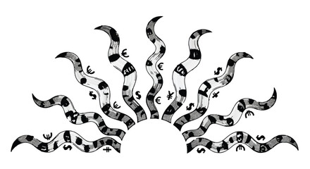 Whimsical sun illustration with wavy rays adorned with currency symbols and abstract patterns.