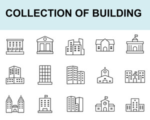 Flat Vector Icon Collection of City Buildings and Urban Architecture &ndash; Minimalist Outline Illustration Set. Great for posters, banners, real estate, construction, etc.