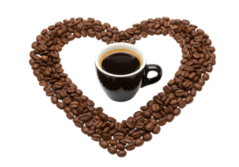 Coffee cup inside heart shape made from roasted coffee beans