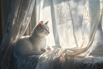 Elegance and Serenity: A Ct's Contemplative Morning y the Window