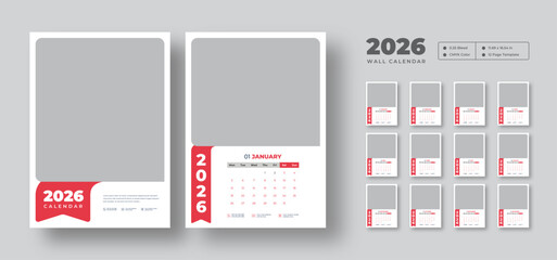 2026 wall calendar template | Week starts on Monday | Monthly planner in 12-page vector format | Printable wall design with clean editable layout