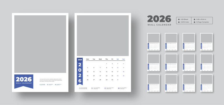 Printable 2026 wall calendar | Editable 12-month planner template | Week starts on Monday | Minimal layout for studio, office, or home
