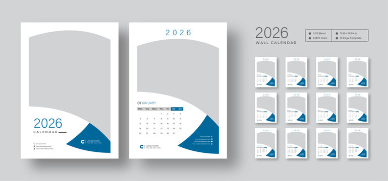 2026 wall calendar template | Week starts on Monday | Monthly planner in 12-page vector format | Printable wall design with clean editable layout