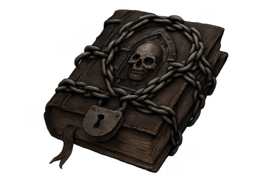 Dark spellbook with skull, chains, lock, on transparent background
