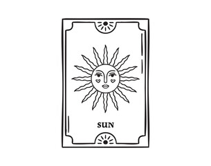 Tarot card sun with smiling face, joyful celestial arcana, hand drawn, line art outline, hand drawn