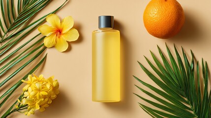 Top-down product shot yellow oil, flowers, orange, palm leaves on beige