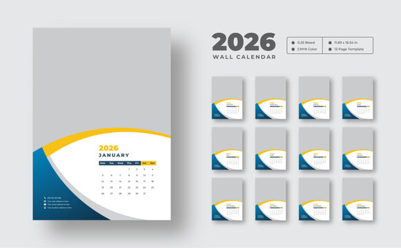 2026 wall calendar template | Week starts on Monday | Monthly planner in 12-page vector format | Printable wall design with clean editable layout