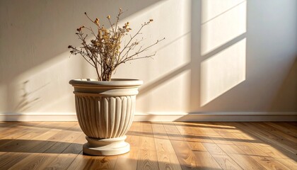 Fototapeta premium Stone Planter with Dried Branches and Morning Light Across Wooden Floor
