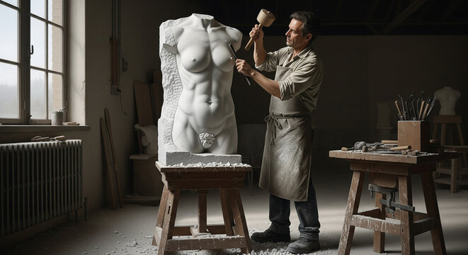 Master Sculptor Working on Large Classical Torso Statue in Studio
A wide, atmospheric shot capturing a master sculptor intently focused on shaping a large marble torso statue in his spacious
