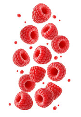 Falling raspberries isolated transparent background