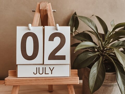 Desk calendar with 2nd July marked and a decorative plant