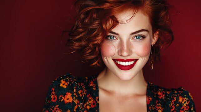 Beautiful redhead woman with enchanting smile vibrant makeup studio backdrop fashion model portfolio