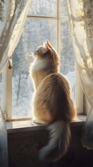 Elegance and Serenity: A Ct's Contemplative Morning y the Window