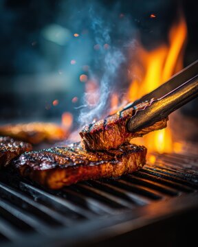 Grilling Juicy Steaks on a Summer Evening With Vibrant Flames