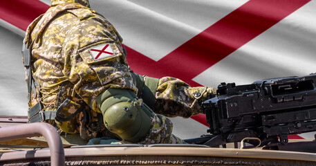 Alabama US state flag with soldier at machinegun turret
