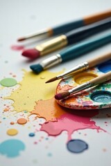 Colorful Paintbrush and Palette with Vibrant Splashes of Color on a White Surface
