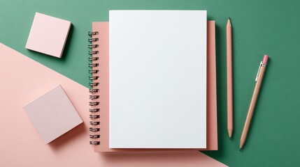 Top-down view of a notebook, pencil, pen, and sticky notes on color blocks