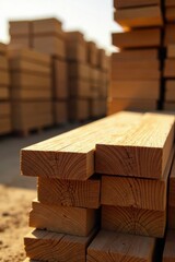 Golden Hour Lumber Stack  Neatly arranged timber planks bathed in warm sunlight, showcasing the natural grain and texture of the wood, ready for construction or crafting.