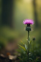 A solitary purple thistle blooms majestically in a soft-focus natural setting, its delicate petals catching the gentle sunlight, a symbol of resilience and beauty in the wild.