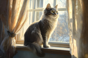 Elegance and Serenity: A Ct's Contemplative Morning y the Window