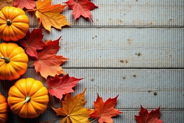 Autumnal Harvest  Miniature Pumpkins and Vibrant Fall Foliage Arranged on Rustic Weathered Wood Surface