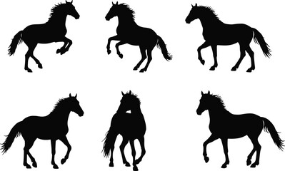 Horse silhouettes vector set, rearing horse, galloping horse, dynamic equestrian poses, farm animal artwork, livestock design, countryside illustration