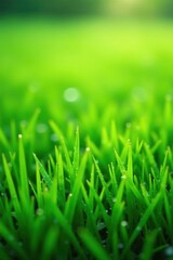 Vibrant Green Blades of Grass Glistening with Morning Dew Under Soft Sunlight